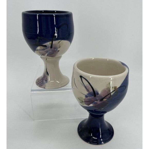 Kent Follette Signed Art Pottery Wine Goblets Hand Painted Ceramic 8" Blue (2) - Picture 1 of 8